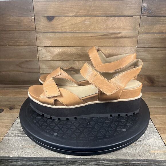 Eileen Fisher Platform Sandals Womens Sz 8 Tan Leather Ankle Strap Hook & Loop - Picture 3 of 10